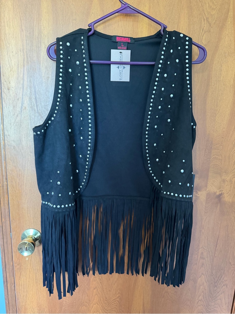 NWT Rock & Roll Black Faux Suede Studded Fringe Vest
